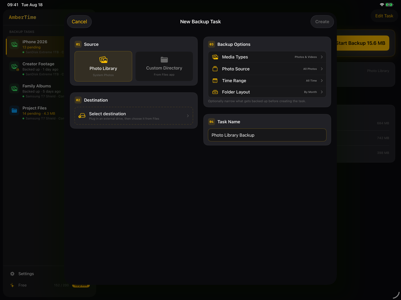 Creating a new AmberTime backup task on iPad: choosing Photo Library or Custom Directory as the source, selecting a destination on the external drive, and setting backup options