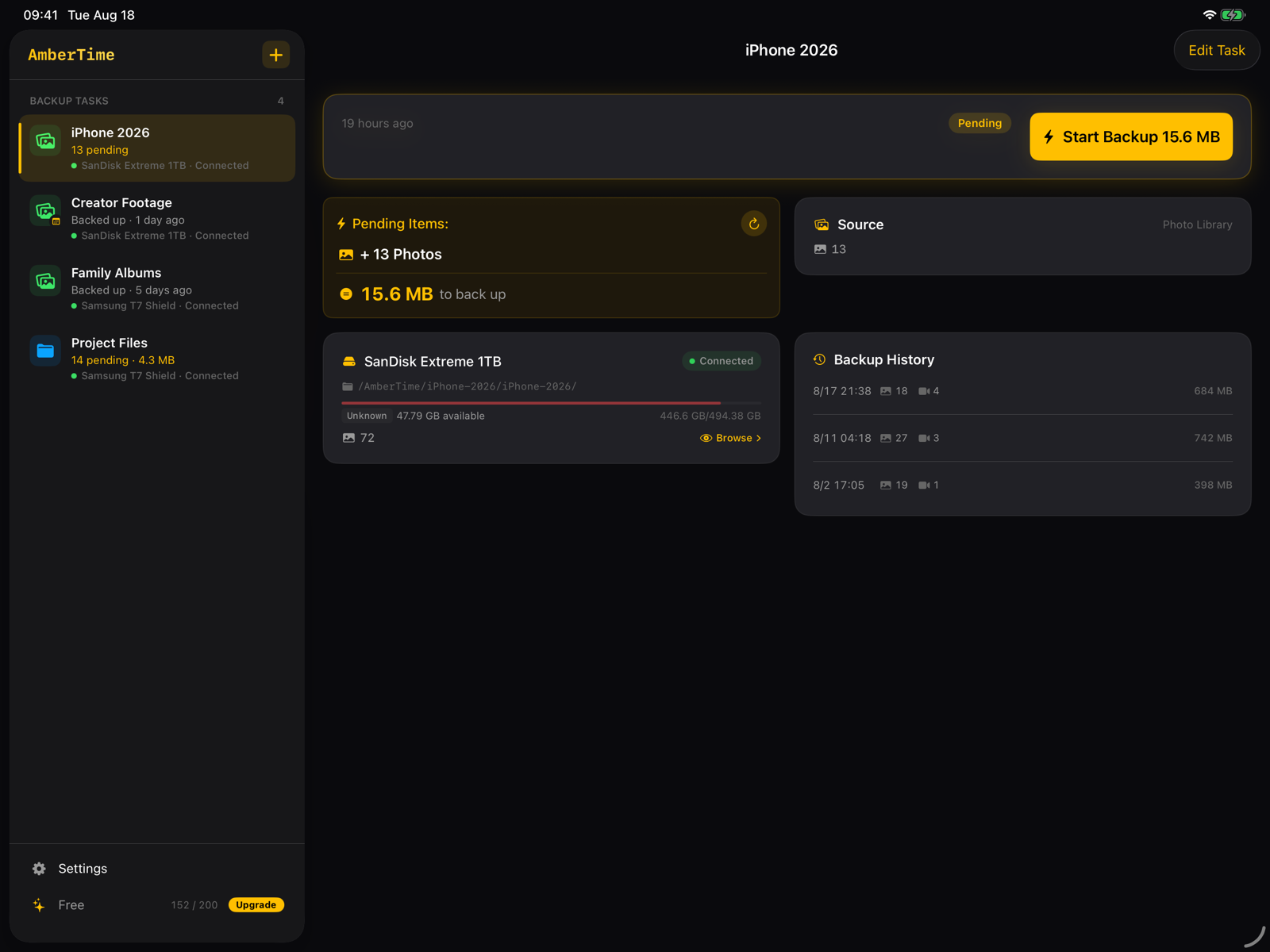 AmberTime on iPad showing backup tasks in the sidebar and the selected task's drive, pending items, and backup history in the detail pane