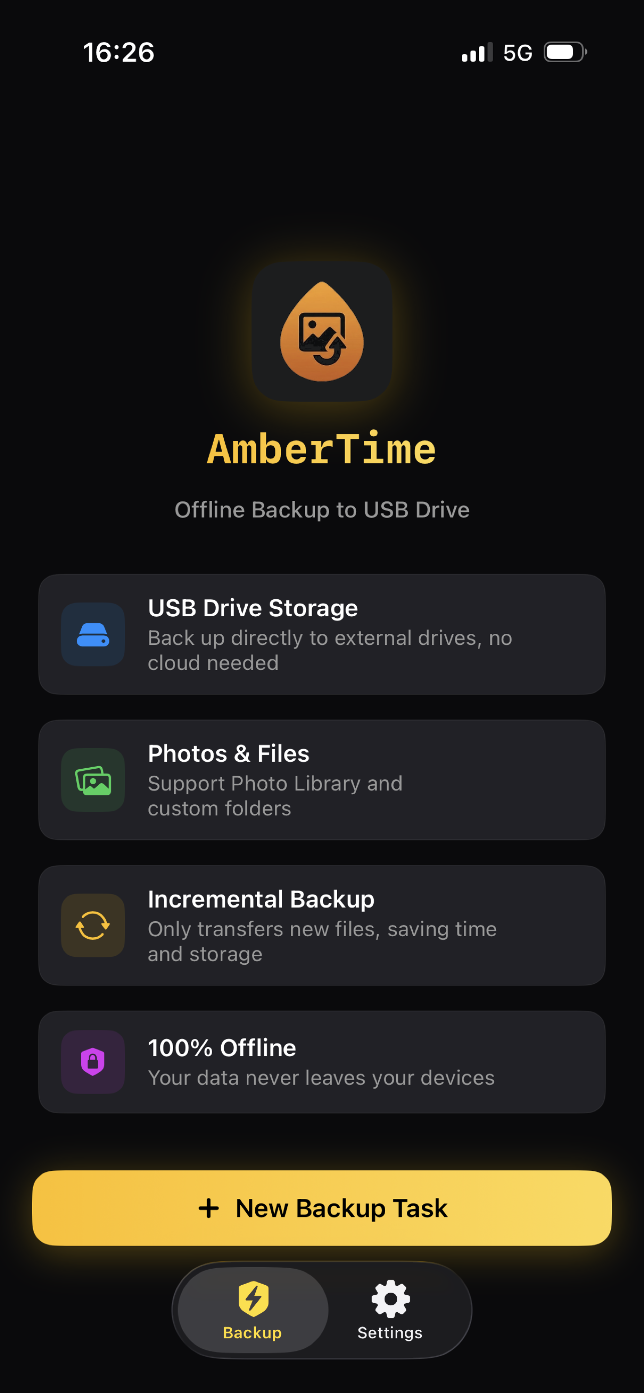 AmberTime home screen for iPhone backup to USB drive and external SSD